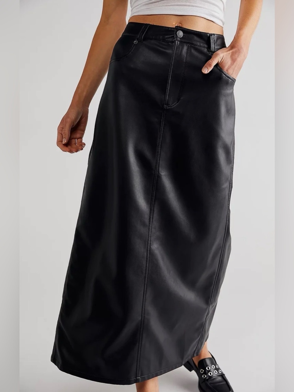 Free People City Slicker Vegan Leather Maxi Skirt Black Size 8 High Rise Slit